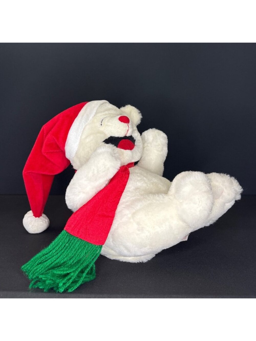 Christmas Laughing Activated Plush Teddy Bear With Santa Hat & Scarf Green Red - Picture 3 of 11